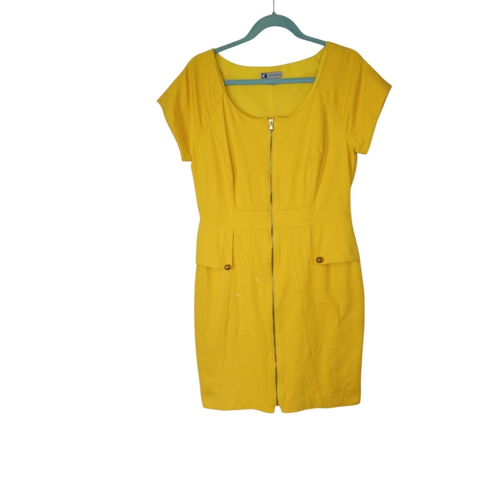 Leslie Fay Womens Yellow Front Zip Pique Sheath Dress Cap Sleeve Gold Buttons 10